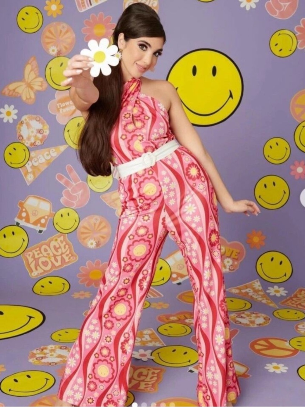 Unique Vintage Pink Floral Wide-Leg Halter Jumpsuit 70s Disco Groovy Smiley